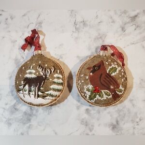Burlap Christmas Ornaments Country Rustic Deer & Cardinal Set of 2 Decor